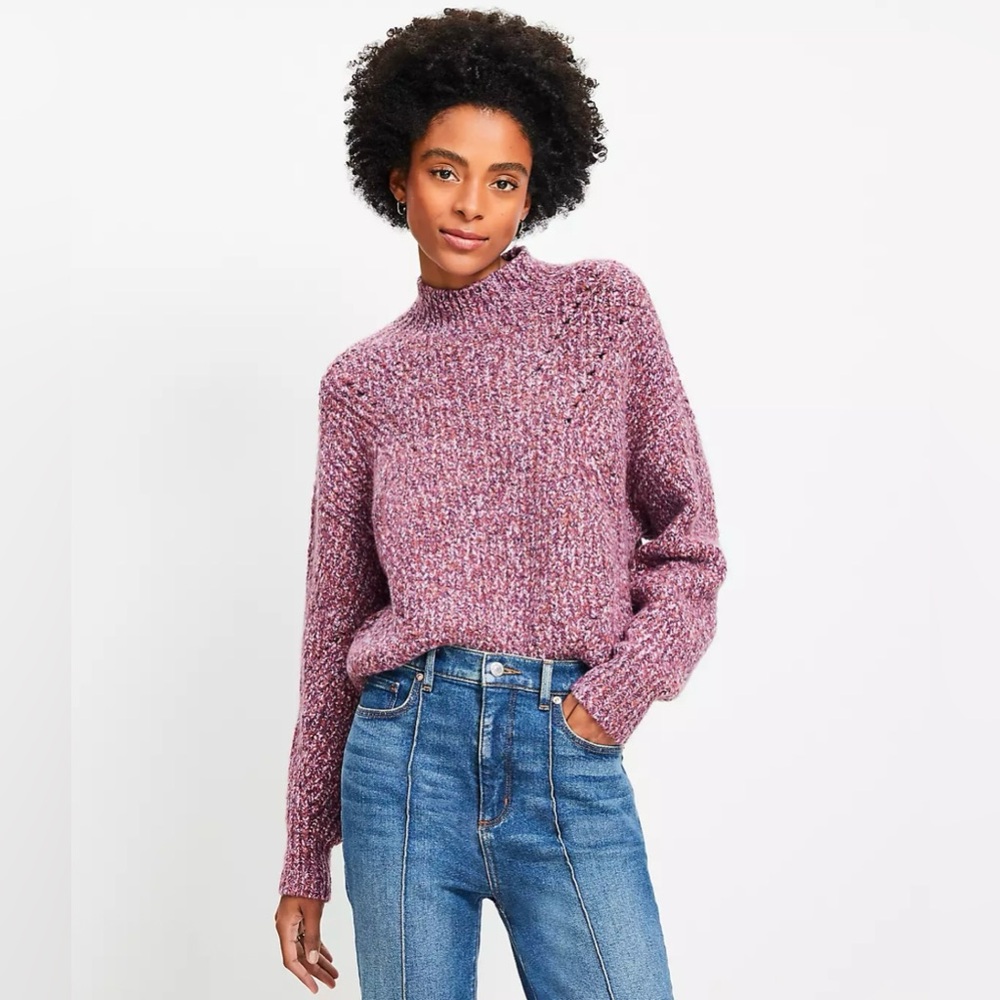 LOFT Pointelle Merino Wool Blend Mock Neck Sweater XXL Marled Purple